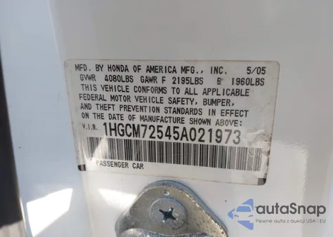 2005 Honda Accord 2.4 Lx Special Edition z USA, uszkodzony, nr VIN 1HGCM72545A021973